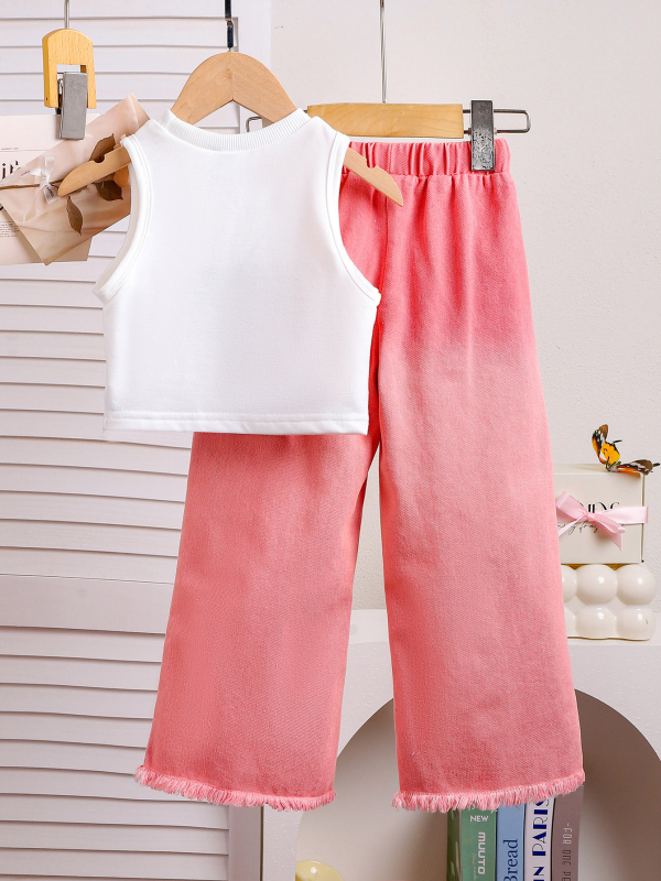 Costum denim cu pantaloni roz și gaură, fără mâneci, cu etichetă de vară Amazon, cu fundă și etichetă transfrontalieră