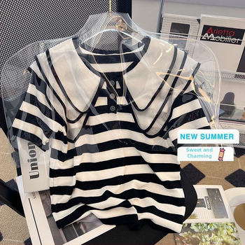 Γυναικείο κομψό αδυνατιστικό μπλουζάκι με ριγέ ρετρό κολάρο κούκλας, άνετο, 120-150 κιλά, κομψό και νεανικό