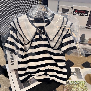 Γυναικείο κομψό αδυνατιστικό μπλουζάκι με ριγέ ρετρό κολάρο κούκλας, άνετο, 120-150 κιλά, κομψό και νεανικό