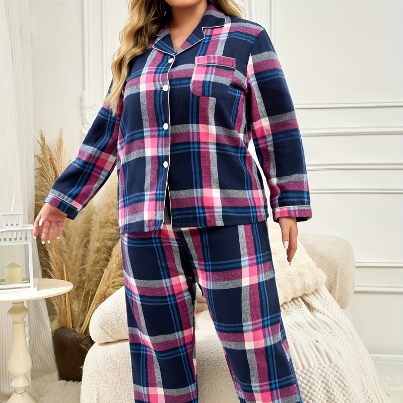 Îmbrăcăminte pentru femei transfrontalieră, mărime plus, haine de casă, pijamale, costum violet roz, carouri, plus îngrășământ pentru a crește stilul leneș
