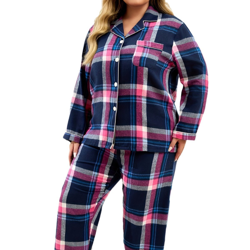 Îmbrăcăminte pentru femei transfrontalieră, mărime plus, haine de casă, pijamale, costum violet roz, carouri, plus îngrășământ pentru a crește stilul leneș