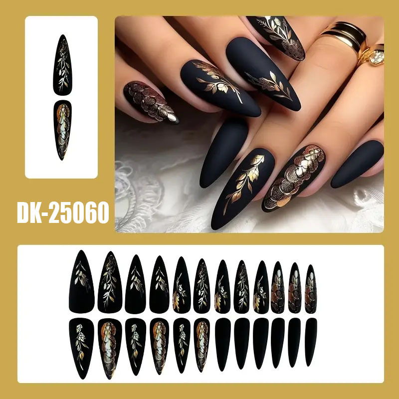 Tarpvalstybiškai parduodami karšti Europos ir Amerikos matinio reljefo karštos merginos juodos ilgos smailios kviečių šakos ir lapai užsienio prekybai skirti nagų dailės drabužiai 24 vnt.