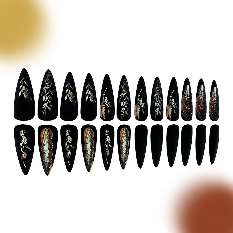 Tarpvalstybiškai parduodami karšti Europos ir Amerikos matinio reljefo karštos merginos juodos ilgos smailios kviečių šakos ir lapai užsienio prekybai skirti nagų dailės drabužiai 24 vnt.