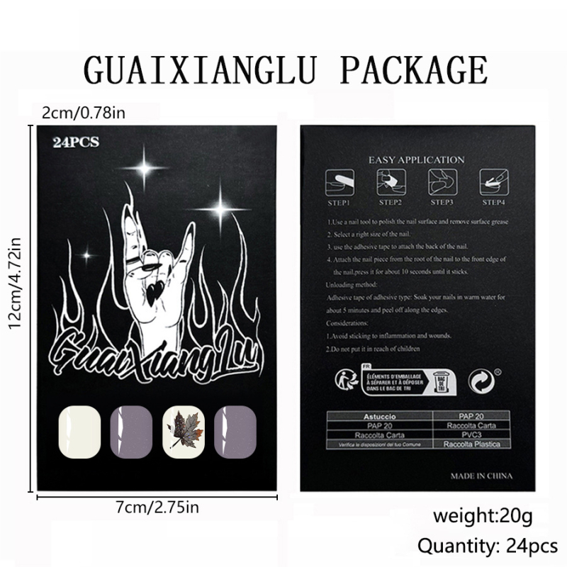 Trumpi blizgantys kvadratiniai nagai, Europos ir Amerikos tarpvalstybinis eksportas, rudens ir žiemos naujas stilius, švelniai pilkai violetiniai, blizgučiais puošti dėvimi nagai, 24 vnt.