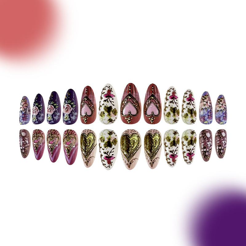 Tarpvalstybinis karšto pardavimo europietiškas ir amerikietiškas blizgus reljefinis spalvingas auksinis širdies totemas, rožinis migdolų tipo eksportuojamas nešiojamas manikiūras, 24 vnt.