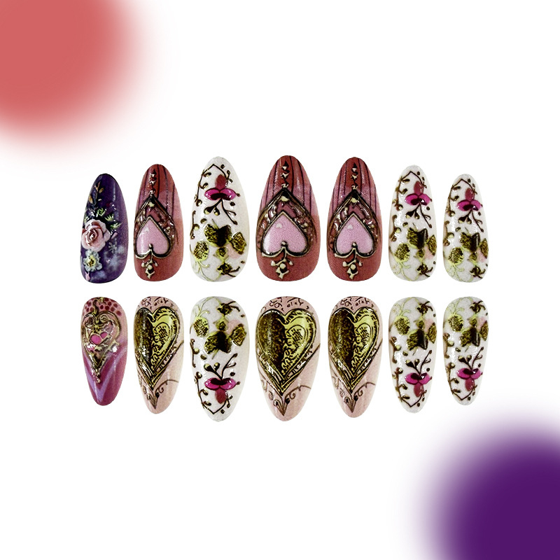 Tarpvalstybinis karšto pardavimo europietiškas ir amerikietiškas blizgus reljefinis spalvingas auksinis širdies totemas, rožinis migdolų tipo eksportuojamas nešiojamas manikiūras, 24 vnt.