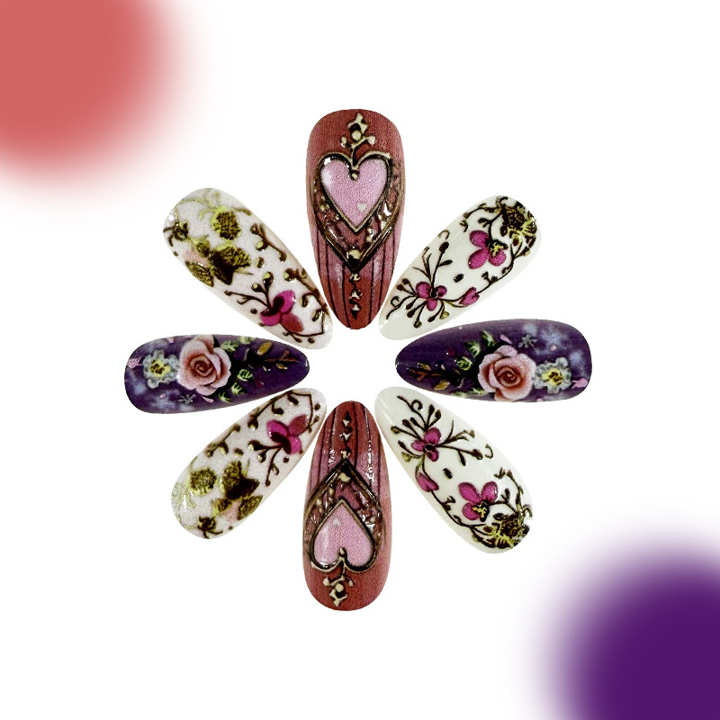 Tarpvalstybinis karšto pardavimo europietiškas ir amerikietiškas blizgus reljefinis spalvingas auksinis širdies totemas, rožinis migdolų tipo eksportuojamas nešiojamas manikiūras, 24 vnt.