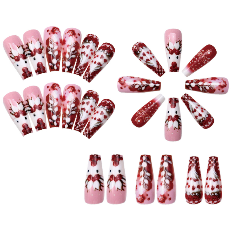 Ilgi skersiniai balti prancūziški snaigės kalėdiniai dirbtiniai nagai nagų lopas ant nago