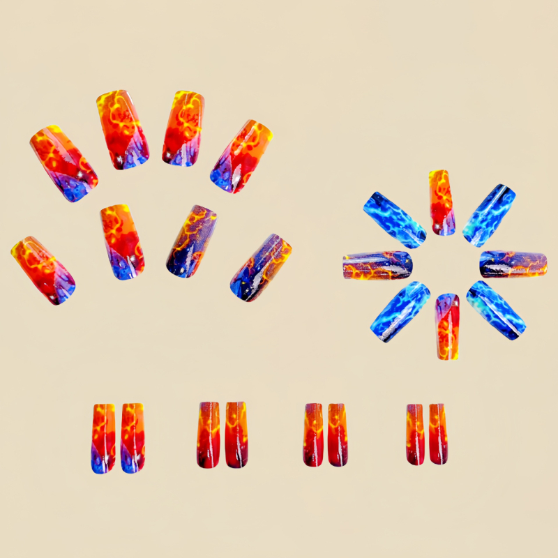 Ilgas europietiškas kvadratinis manikiūras, raudonai mėlynas, žaibo formos, liepsnos dryžuotas, 24 dalių nuimamas manikiūro padirbtų nagų lopinėlis