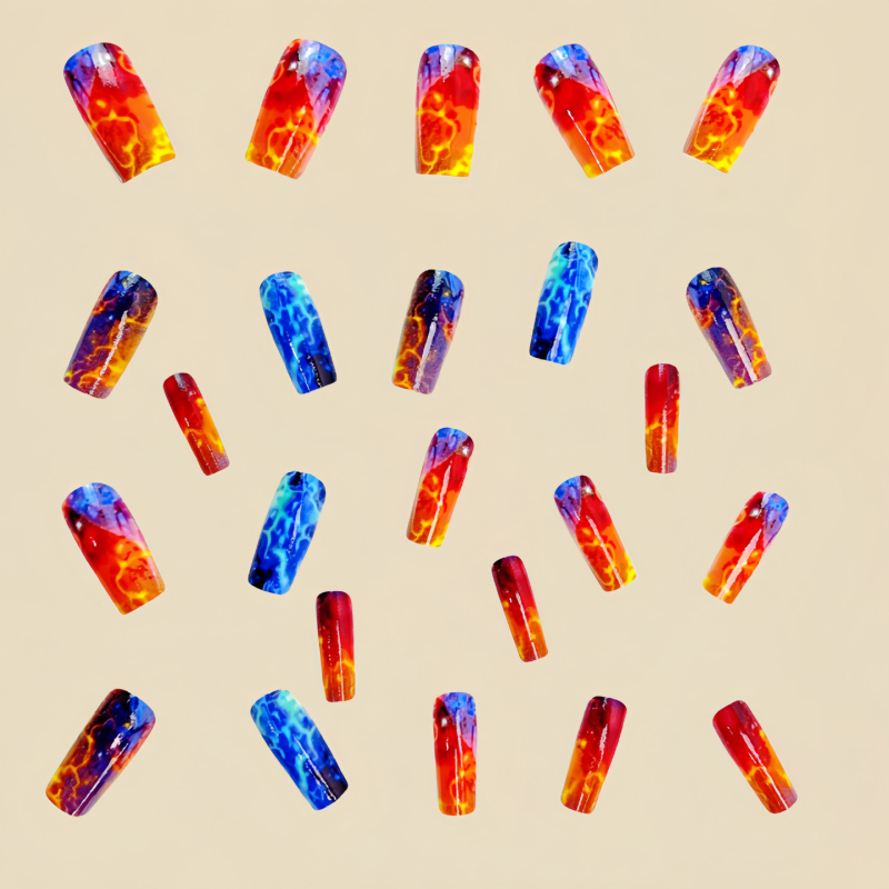 Ilgas europietiškas kvadratinis manikiūras, raudonai mėlynas, žaibo formos, liepsnos dryžuotas, 24 dalių nuimamas manikiūro padirbtų nagų lopinėlis