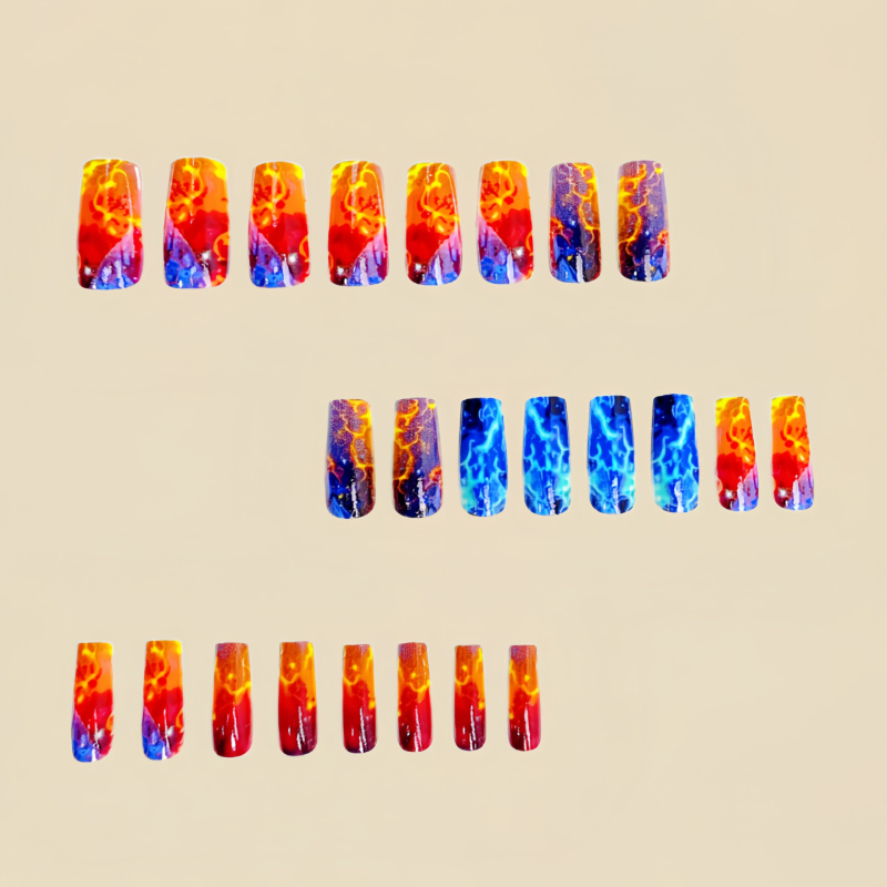 Ilgas europietiškas kvadratinis manikiūras, raudonai mėlynas, žaibo formos, liepsnos dryžuotas, 24 dalių nuimamas manikiūro padirbtų nagų lopinėlis