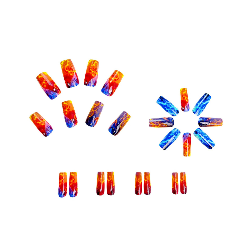 Ilgas europietiškas kvadratinis manikiūras, raudonai mėlynas, žaibo formos, liepsnos dryžuotas, 24 dalių nuimamas manikiūro padirbtų nagų lopinėlis