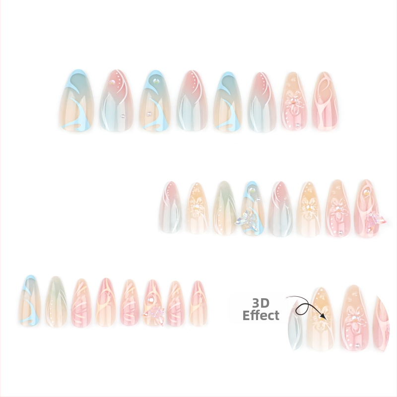 Лятна свежа носят броня 3D пеперуда маникюр къс бадемов изкуствен нокът сноб балончета мъниста нокти