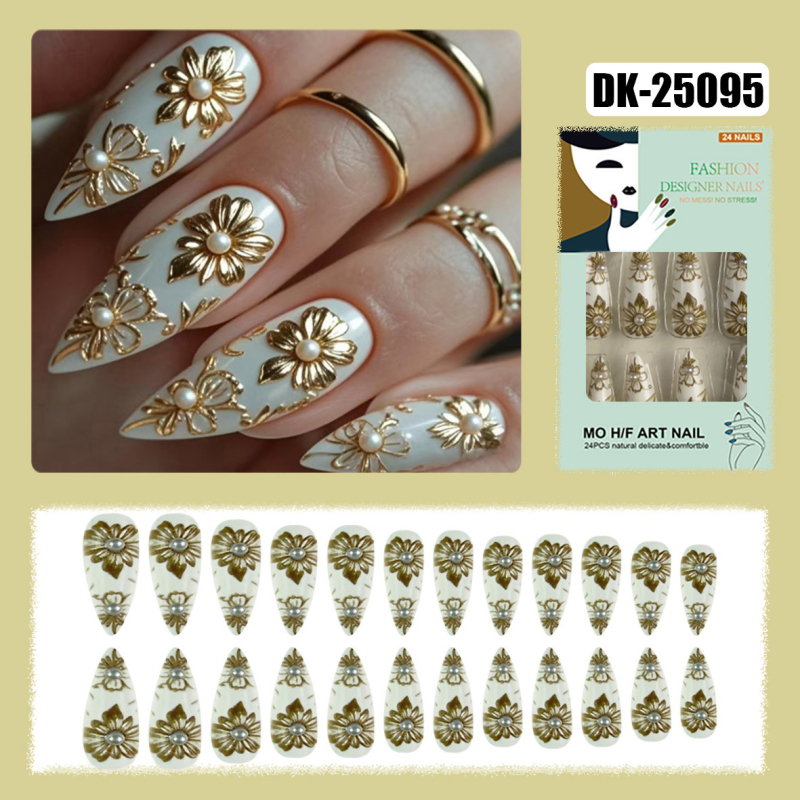 Manichiură transfrontalieră, vânzare fierbinte, stil baroc european și american, stereo, din aur alb, cu perle, totem pentru export, 24 de bucăți