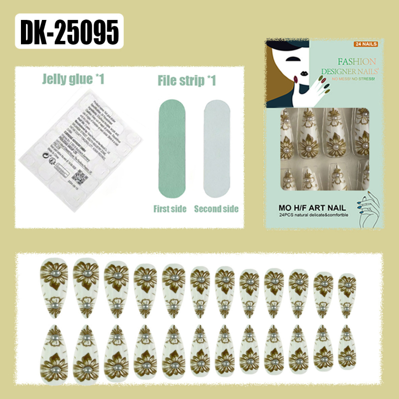 Manichiură transfrontalieră, vânzare fierbinte, stil baroc european și american, stereo, din aur alb, cu perle, totem pentru export, 24 de bucăți