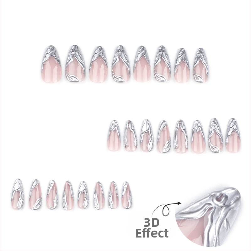 Небрежни френски 3D сребърни носими нокти къси бадемовидни маникюрни фалшиви нокти подвижен лак за нокти готови продукти на едро