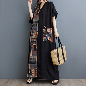 Πραγματικό πλάνο 2024 καλοκαίρι λεπτό βαμβακερό και λινό τυπωμένο αδυνάτισμα με V λαιμόκοψη, κοντό μανίκι, ραφές σε χρώμα αντίθεσης, μαύρο μακρύ γυναικείο φόρεμα