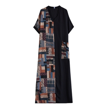 Πραγματικό πλάνο 2024 καλοκαίρι λεπτό βαμβακερό και λινό τυπωμένο αδυνάτισμα με V λαιμόκοψη, κοντό μανίκι, ραφές σε χρώμα αντίθεσης, μαύρο μακρύ γυναικείο φόρεμα