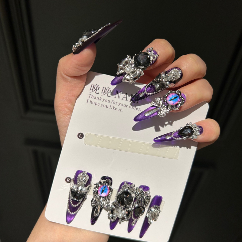 Purple Rhyme Pure Handmade Original Purtând Purple Light Luxury Spice Girls European și American New High-end Nail Art White French Cat's Eye