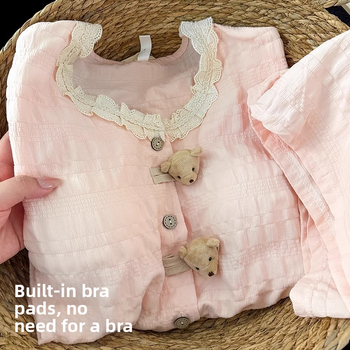 Pijamale japoneze cu ursuleți pentru femei, vara 2025, cu pernă de piept, mânecă scurtă integrată, dulci și drăguțe, potrivite pentru purtare în aer liber, set de îmbrăcăminte pentru casă