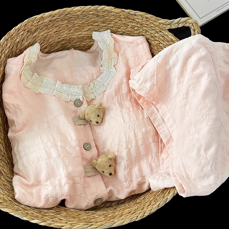 Pijamale japoneze cu ursuleți pentru femei, vara 2025, cu pernă de piept, mânecă scurtă integrată, dulci și drăguțe, potrivite pentru purtare în aer liber, set de îmbrăcăminte pentru casă