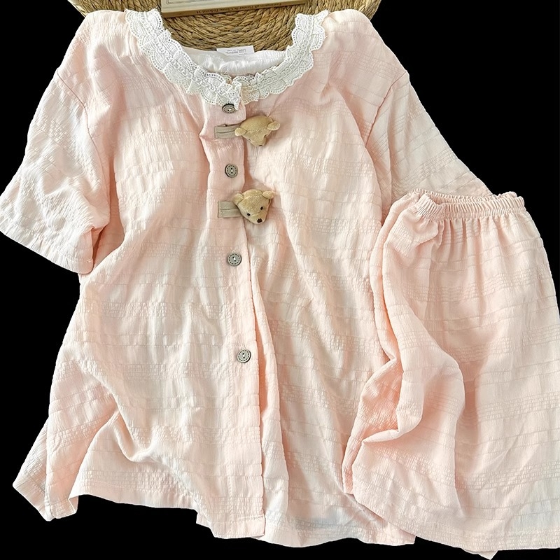 Pijamale japoneze cu ursuleți pentru femei, vara 2025, cu pernă de piept, mânecă scurtă integrată, dulci și drăguțe, potrivite pentru purtare în aer liber, set de îmbrăcăminte pentru casă