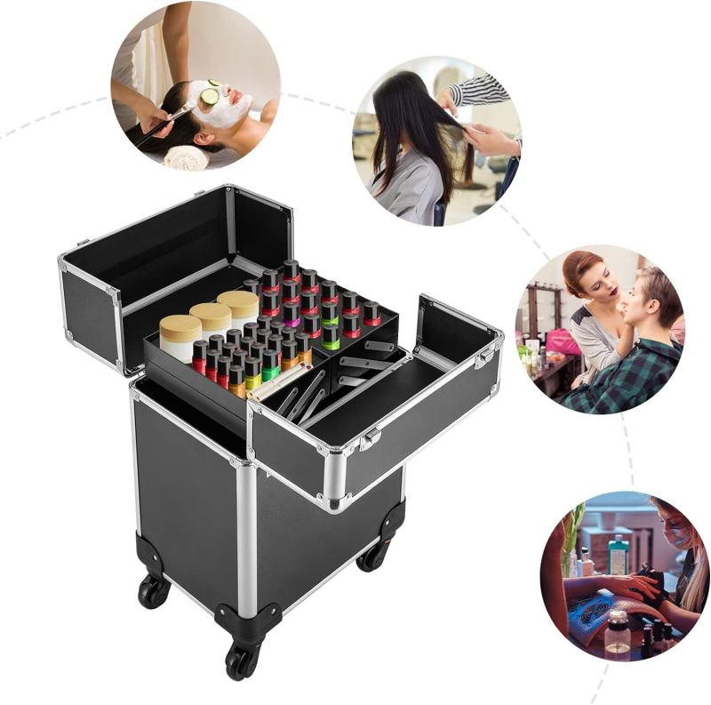 Kosmetinis makiažas Grožio nagų salonas Kirpėjo vežimėlio dėklas Plaukų stilistui Makiažas Nagų dėklas Juodas