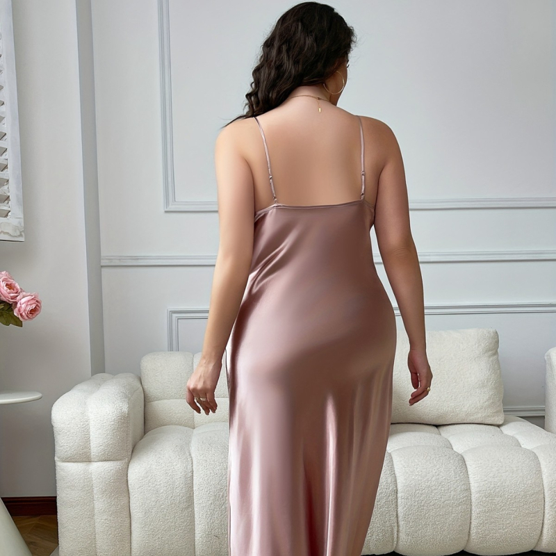 Plius dydžio moteriški drabužiai, skirti namams, drabužiai, naktinukai, ilga suknelė, priekyje, skeltukai, vienspalvė, iškirptė, patogi, elegantiška, seksuali.