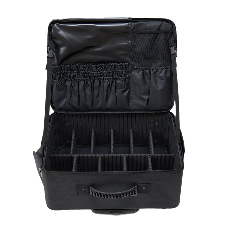 Pārrobežu mazumtirdzniecības profesionāla Oksfordas auduma kosmētikas somas ratiņi, slāņoti, lielas ietilpības tualetes piederumu uzglabāšanas auduma kaste, universāls ritenis