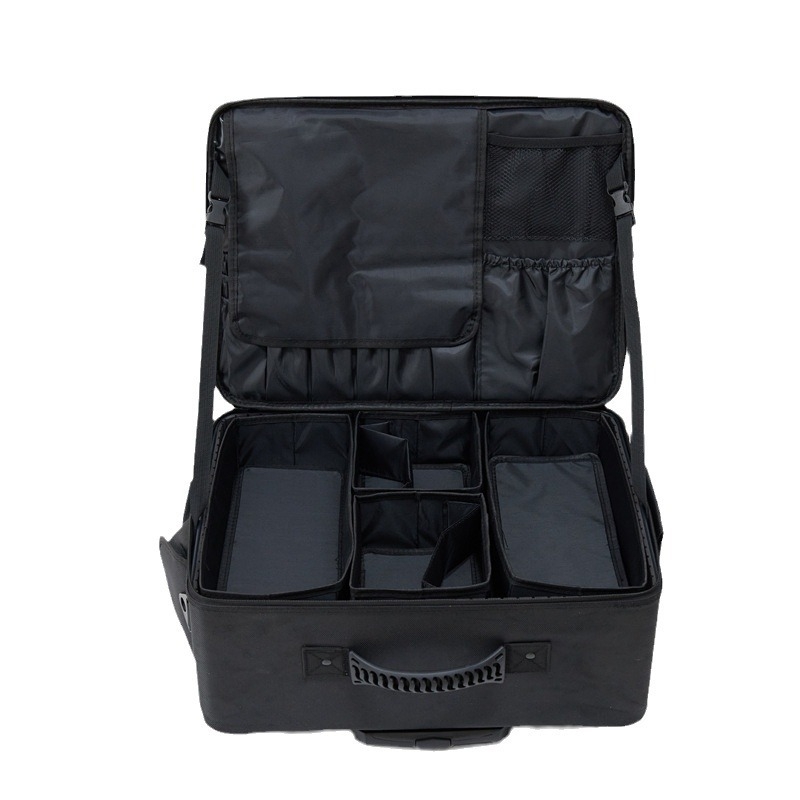 Pārrobežu mazumtirdzniecības profesionāla Oksfordas auduma kosmētikas somas ratiņi, slāņoti, lielas ietilpības tualetes piederumu uzglabāšanas auduma kaste, universāls ritenis