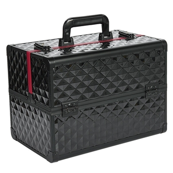 Μαύρο και κόκκινο κουτί μακιγιάζ από κράμα αλουμινίου, πολυστρωματικό κουτί μακιγιάζ, φορητό κουτί εργαλείων μακιγιάζ