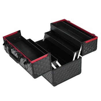 Μαύρο και κόκκινο κουτί μακιγιάζ από κράμα αλουμινίου, πολυστρωματικό κουτί μακιγιάζ, φορητό κουτί εργαλείων μακιγιάζ