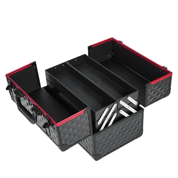 Μαύρο και κόκκινο κουτί μακιγιάζ από κράμα αλουμινίου, πολυστρωματικό κουτί μακιγιάζ, φορητό κουτί εργαλείων μακιγιάζ