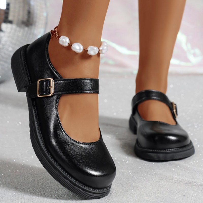 Mocasini cu cap rotund pentru comerț exterior 2025, pantofi mici din piele, culoare solidă, negru, temperament uniform, pantofi cu un singur strat, tendință temperament nou