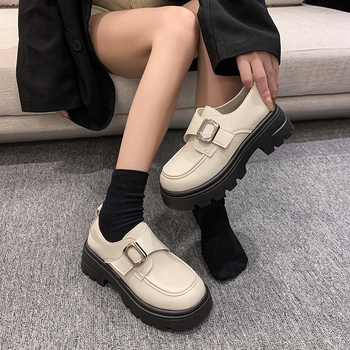 Μοκασίνια με χοντρή σόλα, μικρά δερμάτινα παπούτσια βρετανικού στιλ με αγκράφα ζώνης, γυναικεία παπούτσια μόδας για εξωτερική χρήση, γυναικεία παπούτσια μόδας