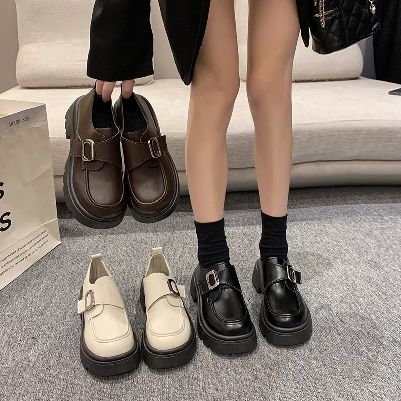Mocasini cu talpă groasă, pantofi mici din piele cu cataramă de curea în stil britanic, pantofi la modă pentru femei, pantofi la modă pentru femei