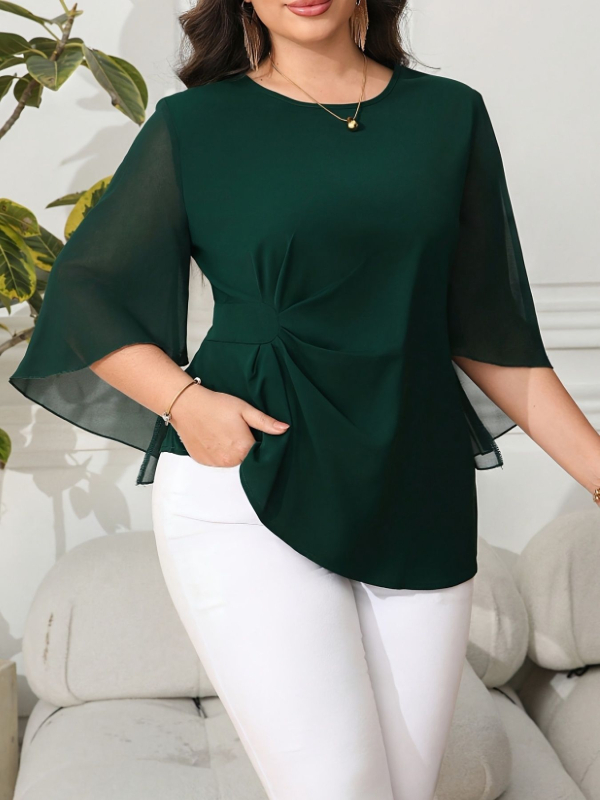 Tarpvalstybiniai Europos ir Amerikos drabužiai „Amazon“ elegantiški madingi laisvalaikio elegantiški didelio dydžio šifono marškinėliai su žiedlapių rankovėmis trumpomis rankovėmis