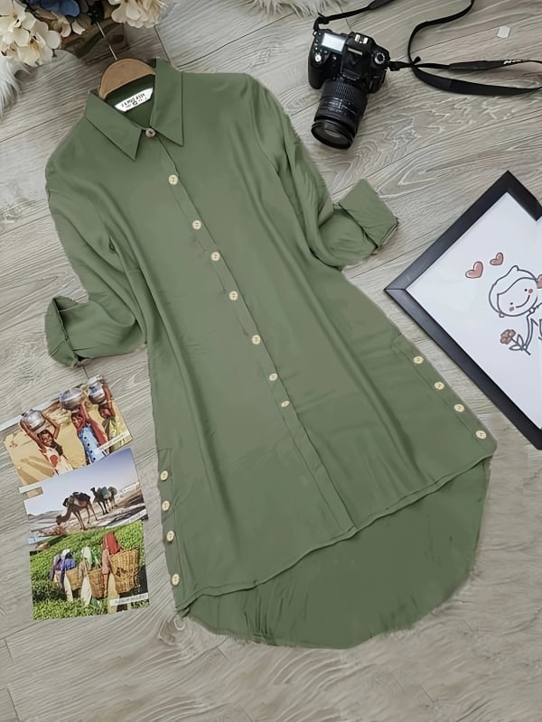 Neatkarīgā stacija Aliexpress Amazon Populārs ikdienas garām piedurknēm krekls ar atloku un pogām sieviešu apģērbs