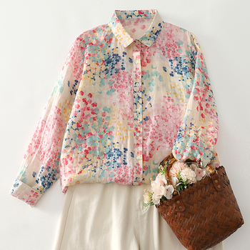 „Real Shot 2025“ pavasario ir vasaros ploni medvilniniai ir lininiai meniški laisvi „Macaron“ spalvos gėlių rašto ilgomis rankovėmis marškinėliai moterims