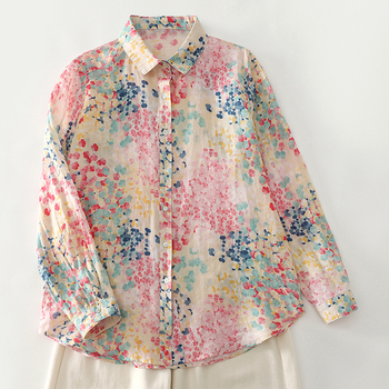 Real Shot 2025 Пролетно-лятна тънка памучна и ленена художествена свободна риза с дълъг ръкав и флорален принт с цвят макарон за жени
