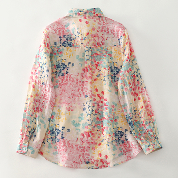 Real Shot 2025 Пролетно-лятна тънка памучна и ленена художествена свободна риза с дълъг ръкав и флорален принт с цвят макарон за жени