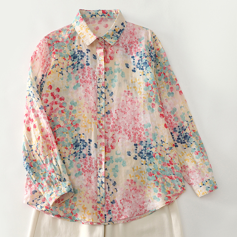 „Real Shot 2025“ pavasario ir vasaros ploni medvilniniai ir lininiai meniški laisvi „Macaron“ spalvos gėlių rašto ilgomis rankovėmis marškinėliai moterims