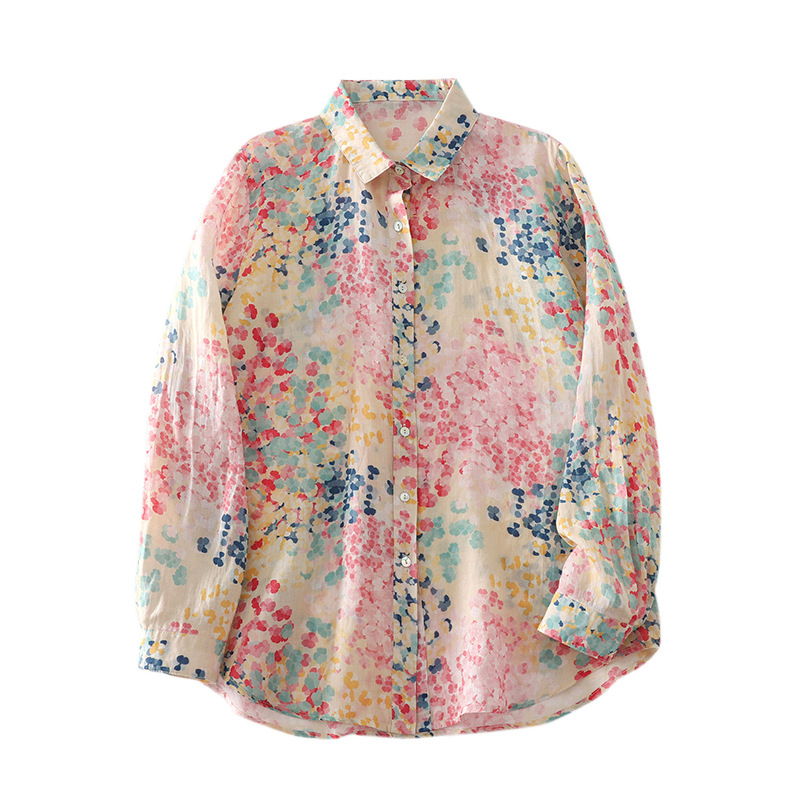 „Real Shot 2025“ pavasario ir vasaros ploni medvilniniai ir lininiai meniški laisvi „Macaron“ spalvos gėlių rašto ilgomis rankovėmis marškinėliai moterims