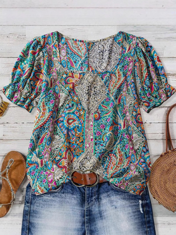 Европейски и американски трансграничен Amazon Дамски топ с къс ръкав и щампи в западен стил с щампа, широки рамене и европейски и американски стил за пътуване до работа