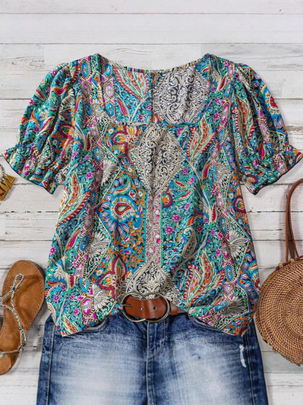 Европейски и американски трансграничен Amazon Дамски топ с къс ръкав и щампи в западен стил с щампа, широки рамене и европейски и американски стил за пътуване до работа