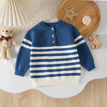 Prekogranični unosi Jesenski i zimski muški pleteni džemper za bebe, pulover s okruglim izrezom i ramenima, prugasti džemper u korejskom stilu s visokom elastičnom prugastom podlogom