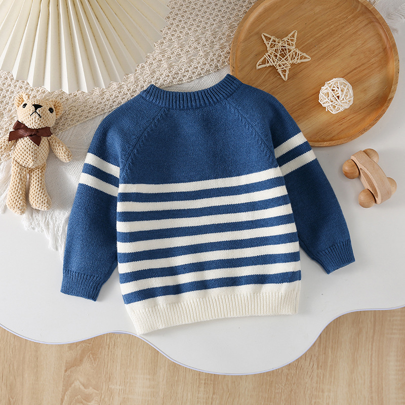 Prekogranični unosi Jesenski i zimski muški pleteni džemper za bebe, pulover s okruglim izrezom i ramenima, prugasti džemper u korejskom stilu s visokom elastičnom prugastom podlogom