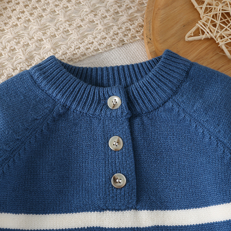 Prekogranični unosi Jesenski i zimski muški pleteni džemper za bebe, pulover s okruglim izrezom i ramenima, prugasti džemper u korejskom stilu s visokom elastičnom prugastom podlogom