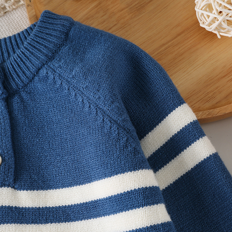 Prekogranični unosi Jesenski i zimski muški pleteni džemper za bebe, pulover s okruglim izrezom i ramenima, prugasti džemper u korejskom stilu s visokom elastičnom prugastom podlogom