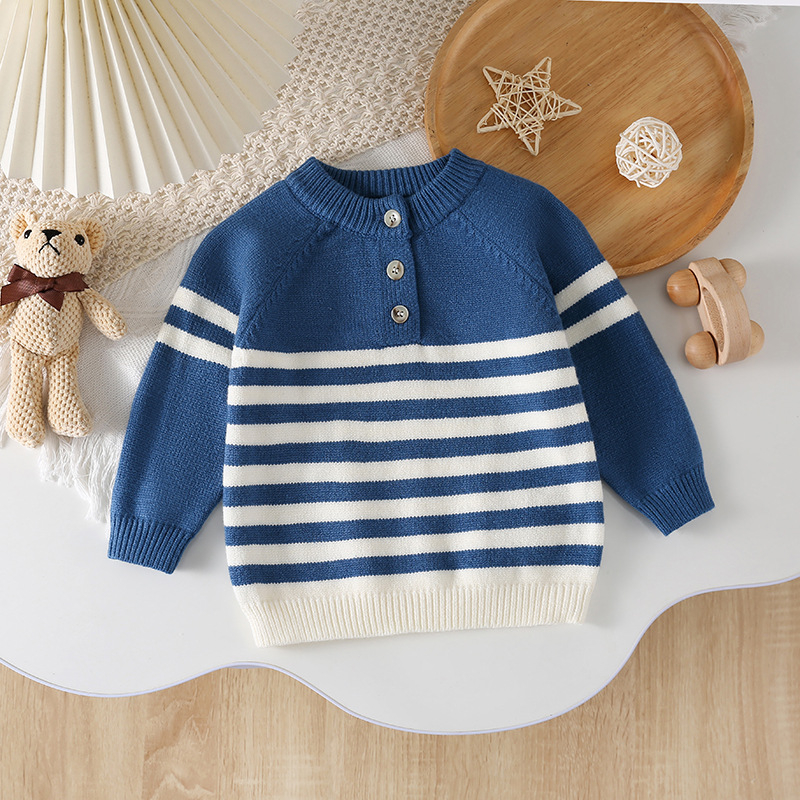 Prekogranični unosi Jesenski i zimski muški pleteni džemper za bebe, pulover s okruglim izrezom i ramenima, prugasti džemper u korejskom stilu s visokom elastičnom prugastom podlogom